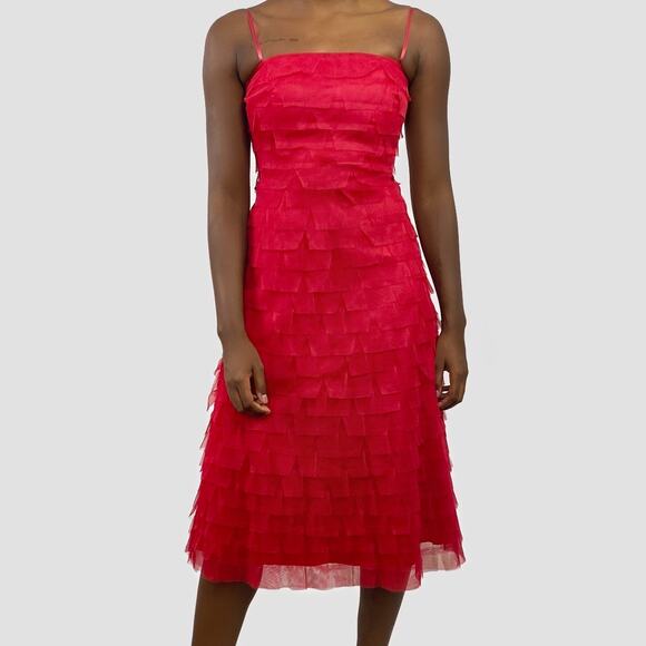 BCBG Maxazria Red Petal Tulle Ruffle Tiered Midi Dress Sz 6 - Picture 1 of 8